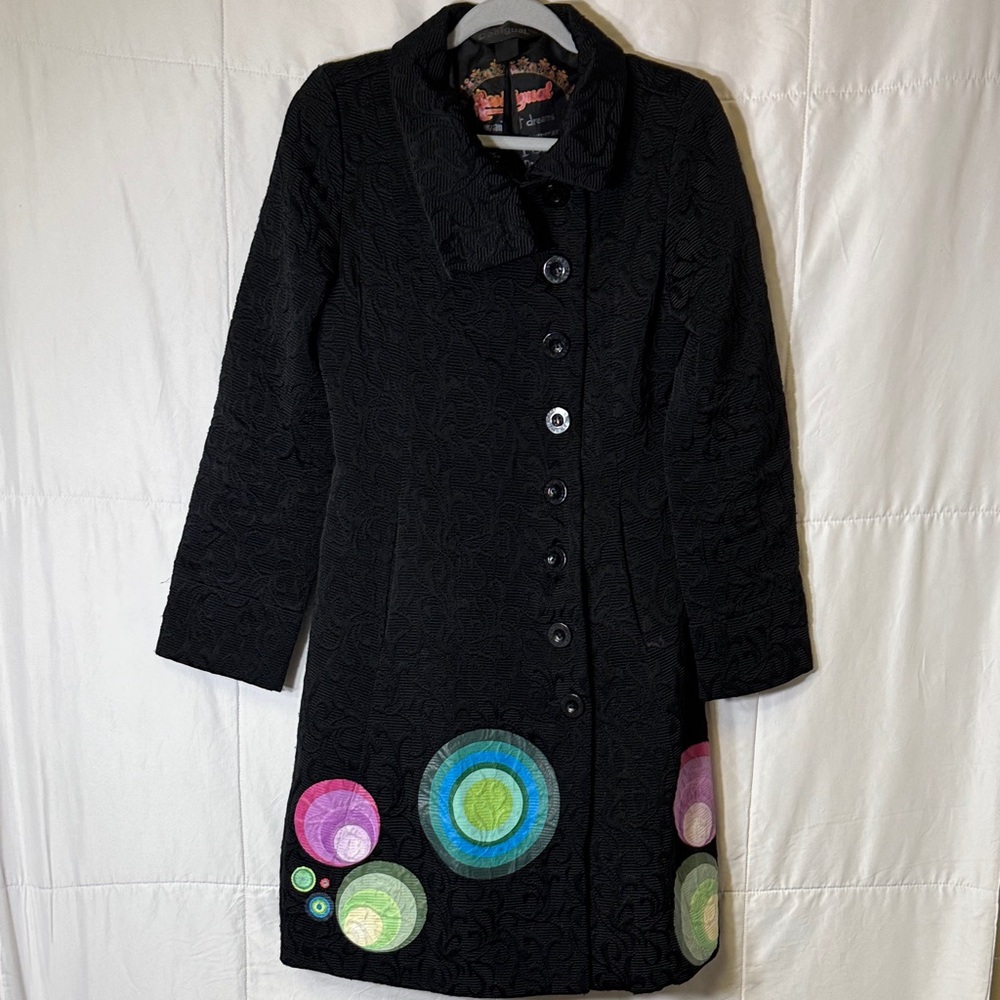 Desigual Black Textured Button Front‎ Coat Size 42 Colorful Circle Embellish